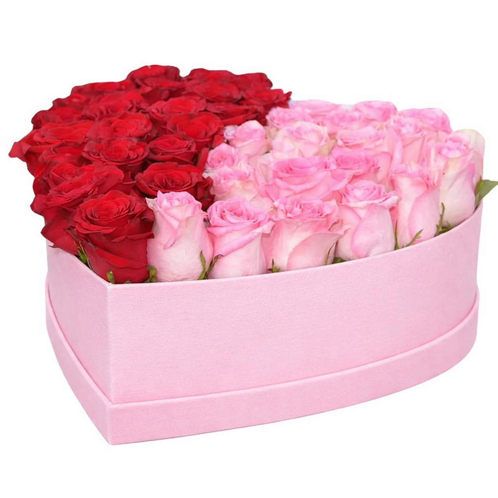 Pink and red roses 30to35 pcs inside the heart box