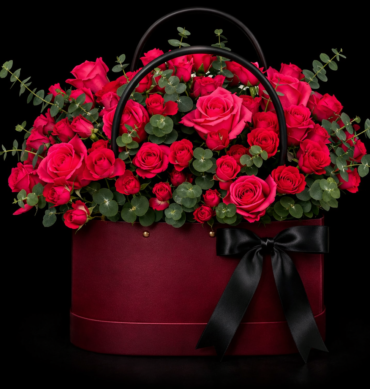 Dark pink spray roses arangment with eucalyptus inside the bag