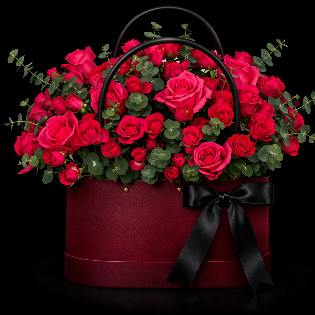 Dark pink spray roses arangment with eucalyptus inside the bag
