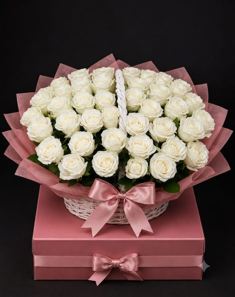 50 White Rose pcs inside the basket