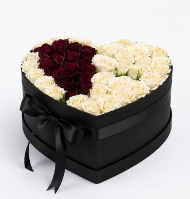 Peach Spray Roses with Red roses inside the heart box