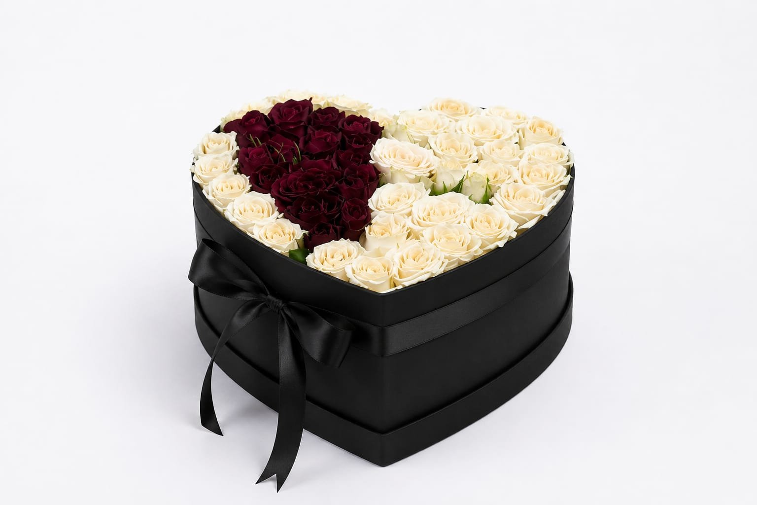 Peach Spray Roses with Red roses inside the heart box