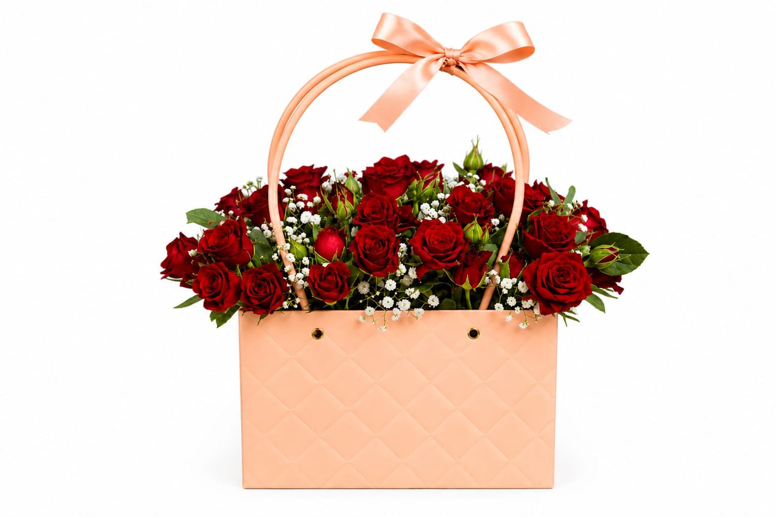 Red Spray Roses and baby breath inside the bag