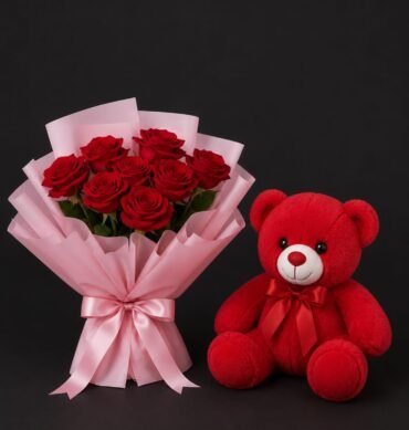 Red Rose bouquet with teddy bear