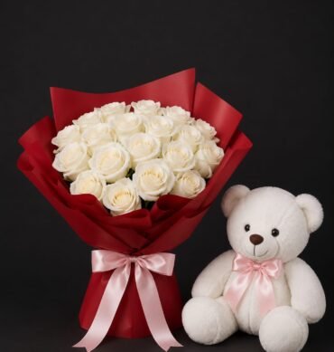 White Roses 15pcs with teddy bear
