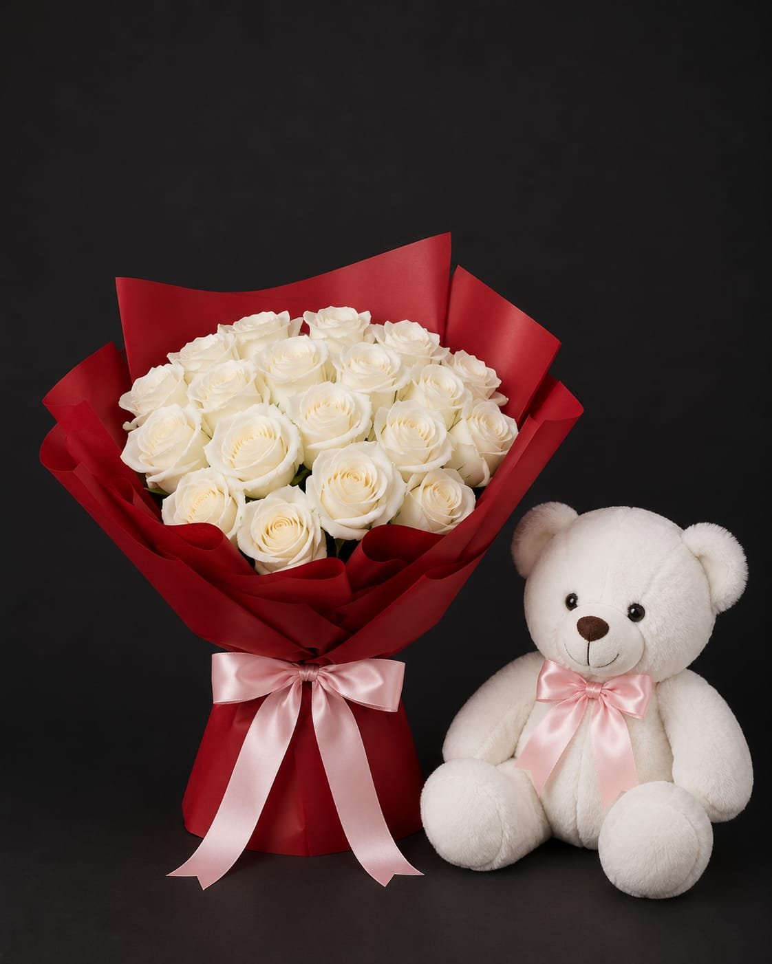 White Roses 15pcs with teddy bear