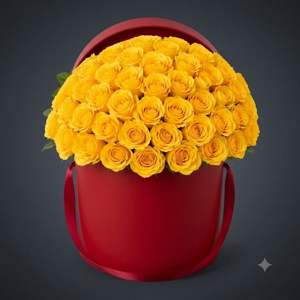 101pcs Yellow Roses inside the round box