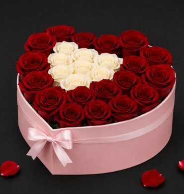White and Red rose 22 to 25 inside the heart box