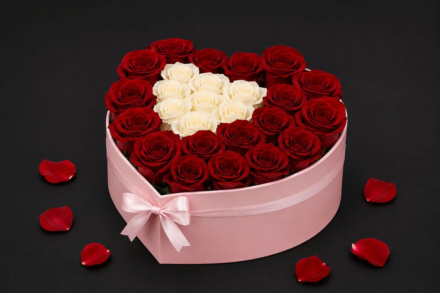 White and Red rose 22 to 25 inside the heart box