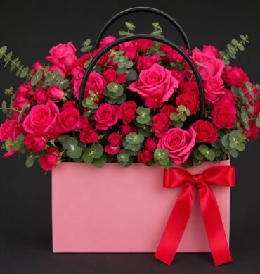 Dark Pink Spray roses arrangement with eucalyptus inside the bad