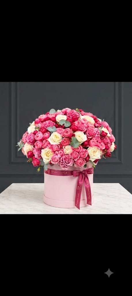Juliet Roses with peach spray roses purple roses with accessories in round box