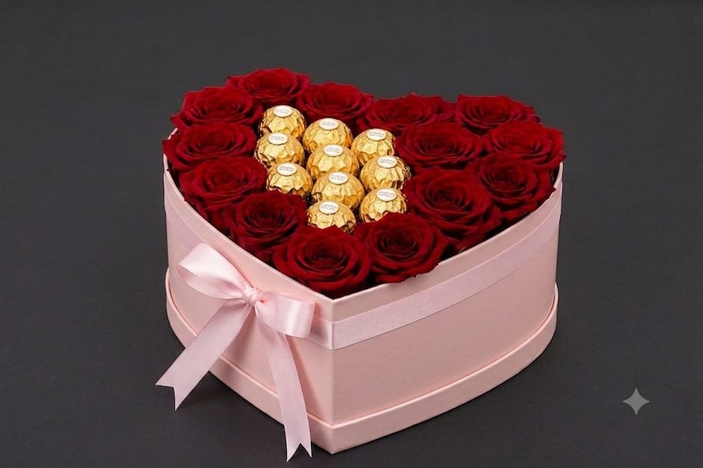 Red Rose 15 to 2o pcs with 10pcs Ferrero chocolate inside the heard box