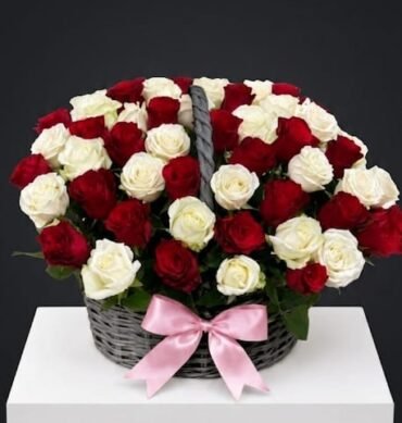 Red and White 101 Roses inside the basket