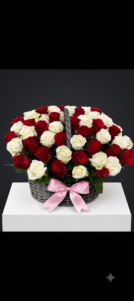 Red and White 101 Roses inside the basket