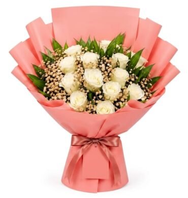 White Rose 15pcs with gold spray baby breath and accessories